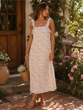LaBella x Collyer Twins Floral Ruffle Strap Midi Dress Size 6 Cottagecore NWT